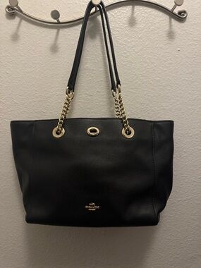 Coach Black Pebbled Leather Tote with Gold Chain Handles